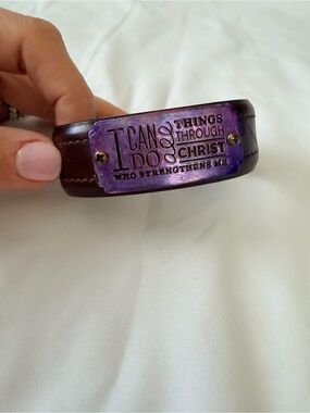 Christian Leather Bracelet with Purple Patina Plate